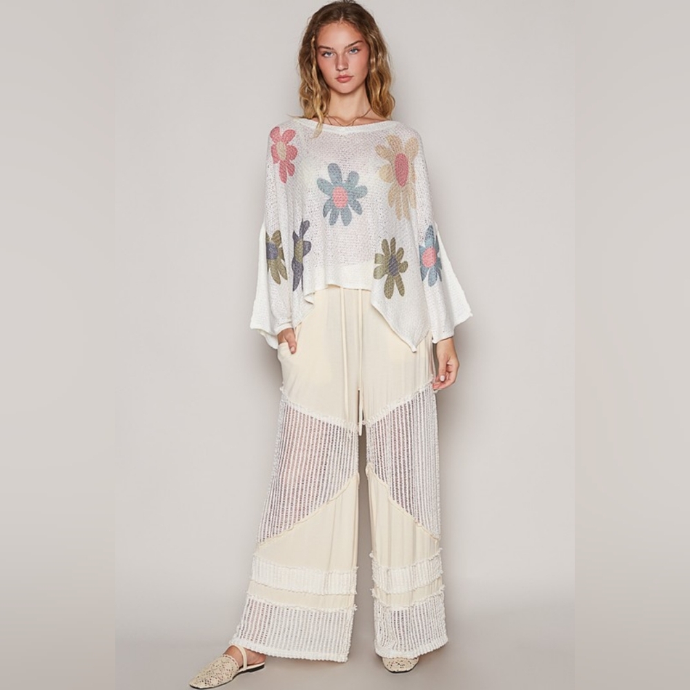 POL Daisy Retro Color Contrast Flower Top Oversized Shirt Pullover Knit Sweater - Picture 5 of 11